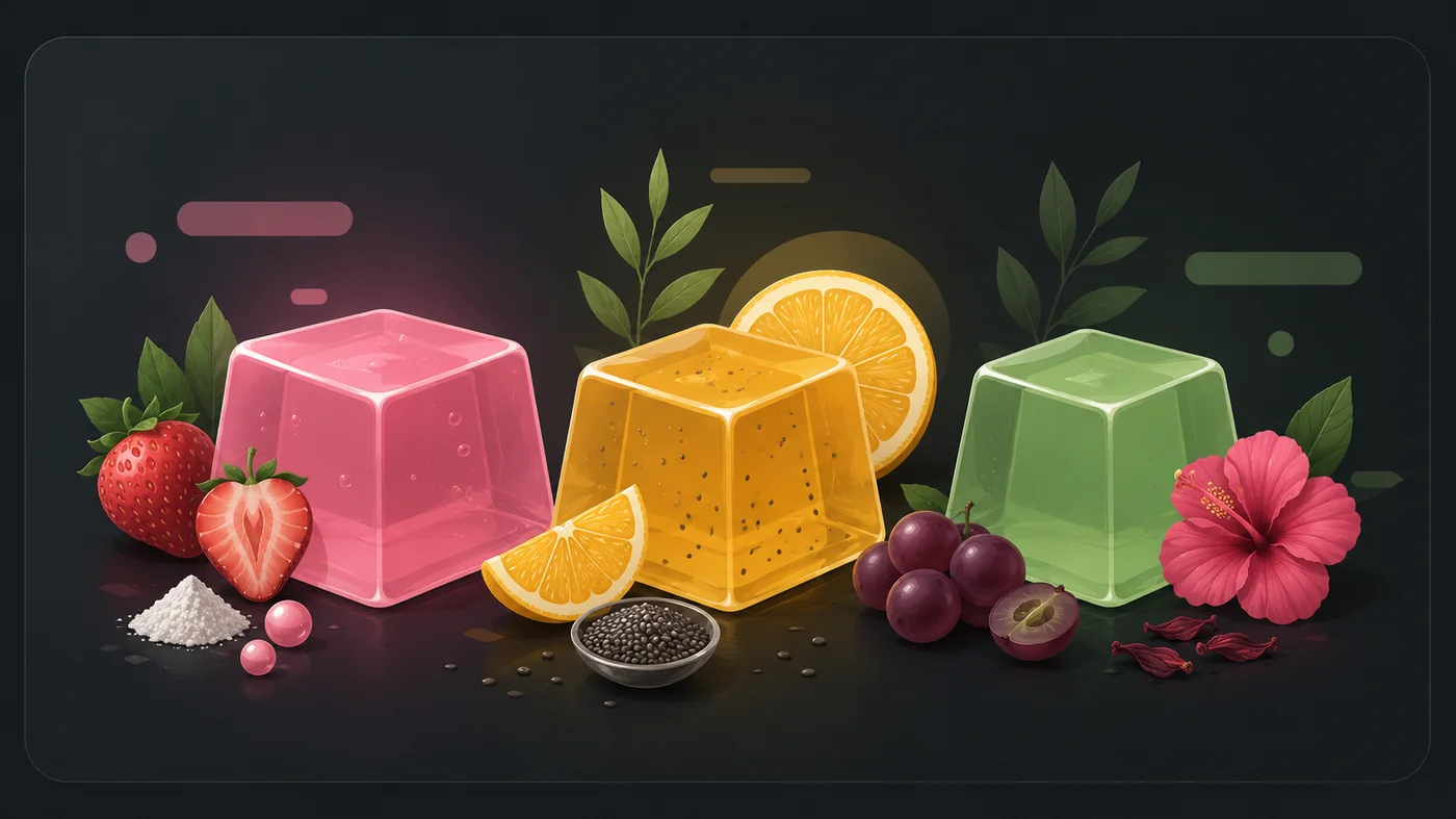 Cubos de gelatina de morango, cítrica com chia e uva com hibisco, com frutas ao redor